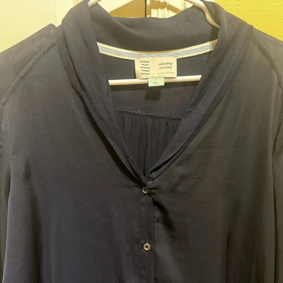 Anthropologie Saturday Sunday Navy Blue Button Up Blouse Tie Front Sz Small - Picture 5 of 14